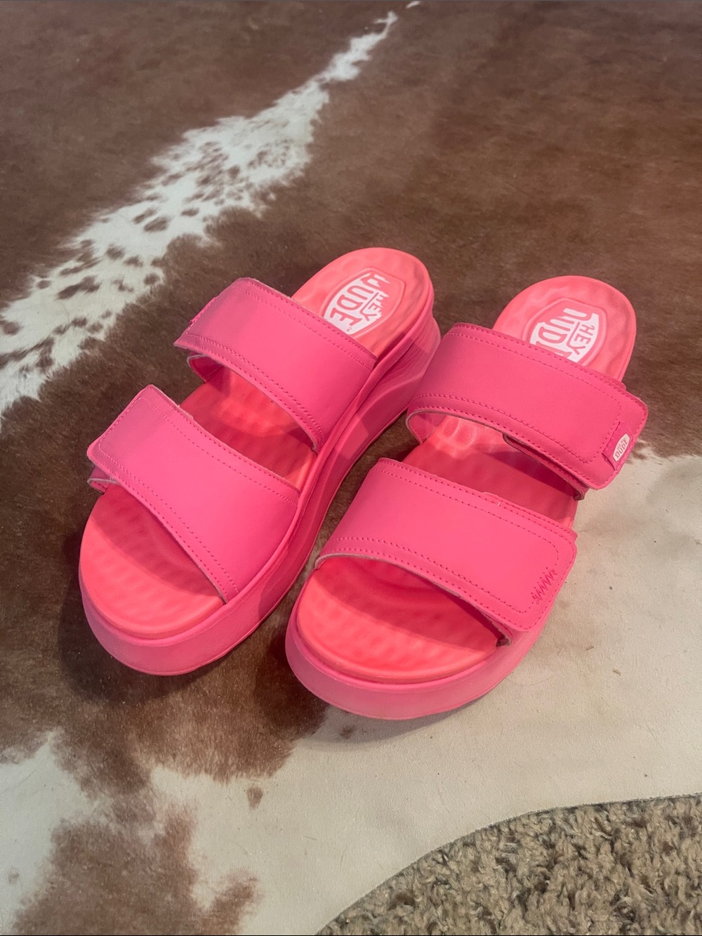 Hey Dude Neon Pink Dual-Strap Platform Slides